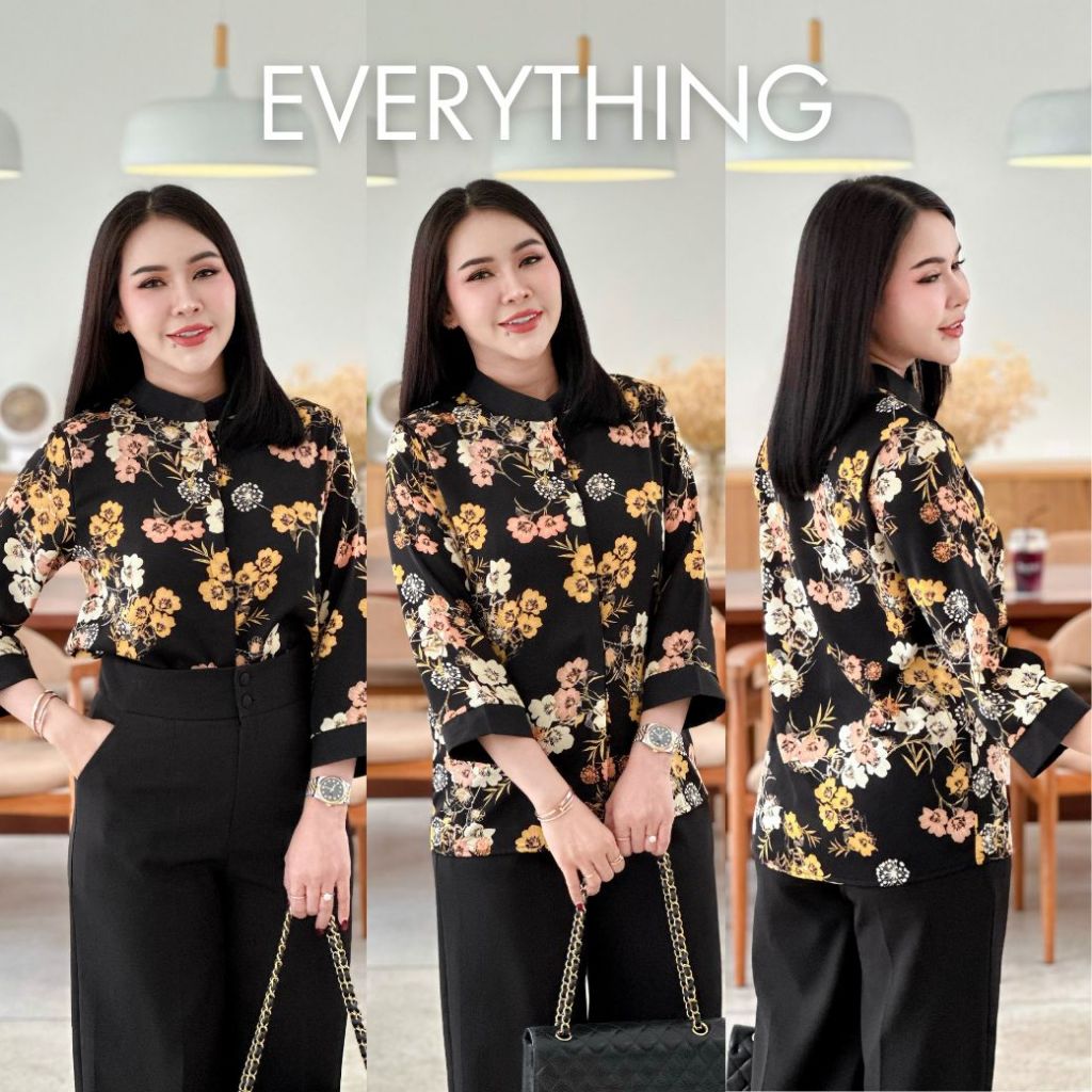 Everything2019 เสื้อทำงานผู้หญิงคอจีน กระดุมซ่อน แขน5ส่วน ลายสวย ใส่ได้ทุกโอกาส (2089)