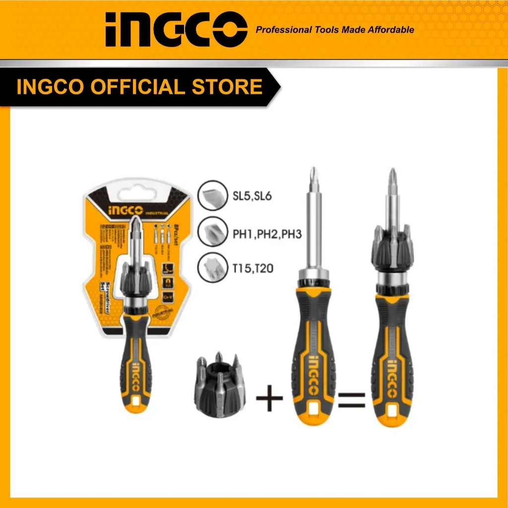 INGCO ชุดไขควง พร้อมดอกไขควง 8 ชิ้น AKISD0808