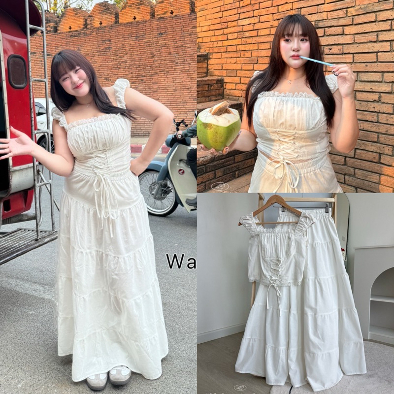 Set2ชิ้น เสื้อครอปแต่งลูกไม้+กระโปรงยาว งานสาวอวบ อก38-52นิ้ว (มีไซซ์)