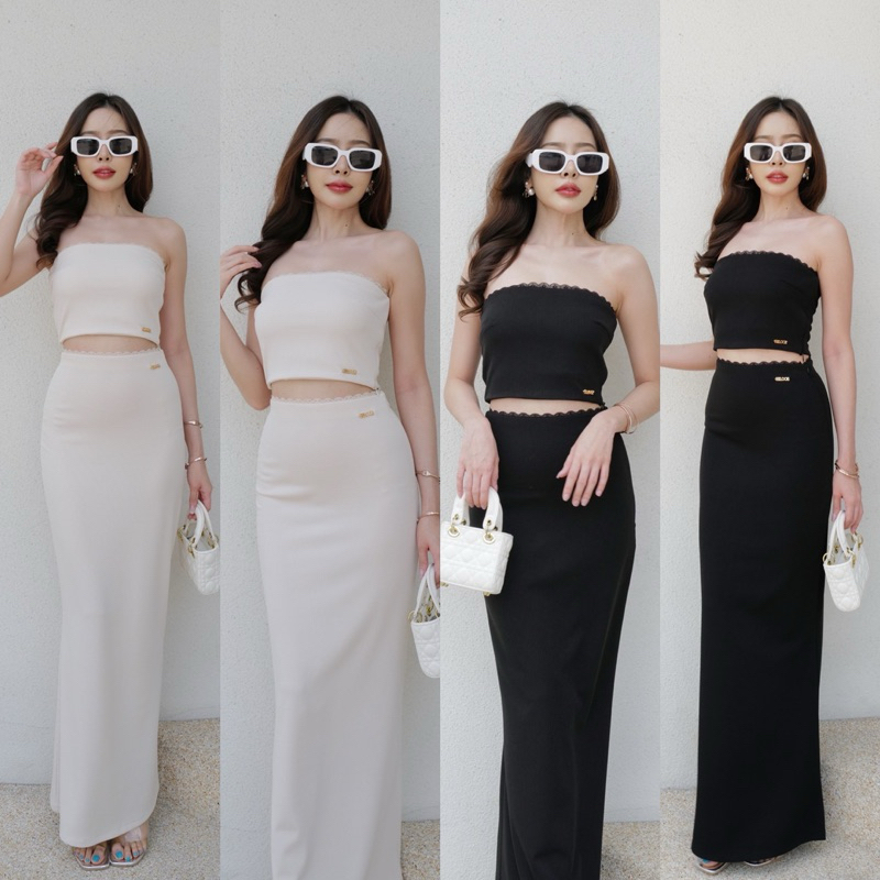 set2ชิ้น เสื้อเกาะอก+กระโปรงยาว ผ้าร่องหนานิ่มญี่ปุ่น ผ้าดีมาก ติดอะไหล่โลโก้ทองสวยแพง ป้าย hilook b