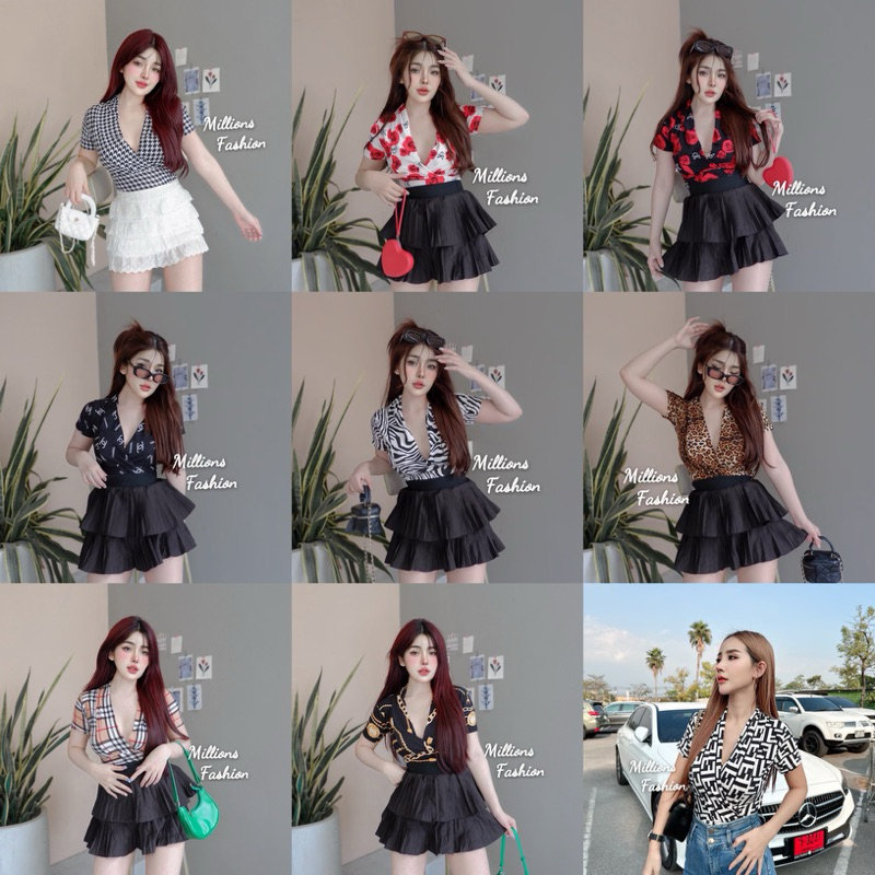 💰Pangpang💰 บอดี้สูท ป้ายหน้า แขนสั้น  ผ้าลายแบรนด์ เป้าแป๊ก