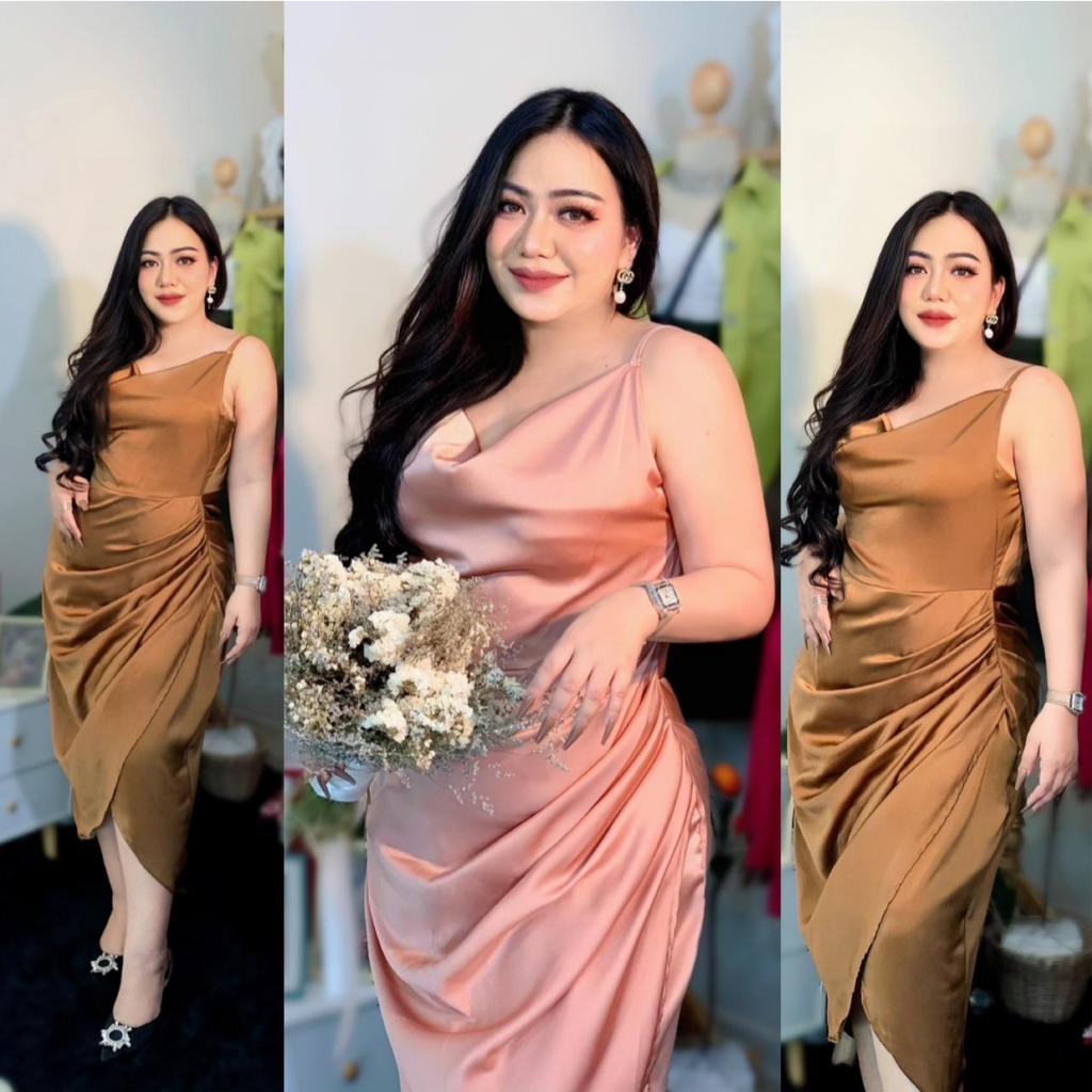 R3 Plus size | เดรสยาวย่นข้างรุ่นแอเรียล เดรสสาวอวบใส่ออกงาน สวยหรู ผ้าวาเลนติโน่ เล่นเเสง 100KG