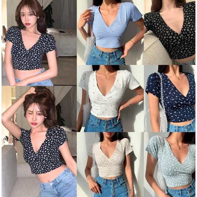 เสื้อพิมพ์ลาย คอวี เสื้อครอปแฟชั่น แขนสั้น เอวลอยน่ารัก มีหลายลายให้เลือก พร้อมส่ง TS1239