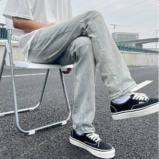 beerbroth-กางเกงยีนส์ผู้ชาย ยีนส์ทรงกระบอกเล็ก Straight jeans สีอ่อน สไตล์เกาหลี ทรงวินเทจ