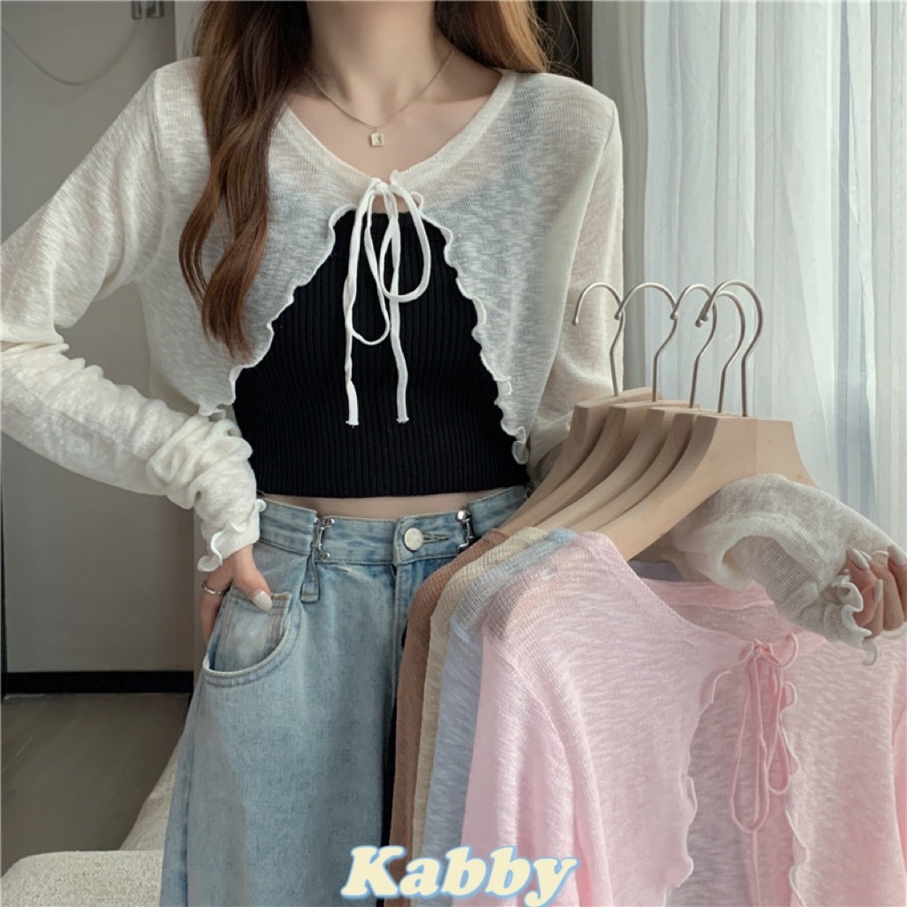 ​พร้อมส่ง​🎀เสื้อคลุมไหมพรมซีทรู งานผูก ปลายหยักใส่สบาย