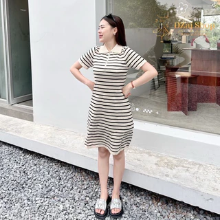Dzaishop💕ชุดเดรสไหมพรมทรงคอปก ทอลายริ้วคาดเส้นตัดสี🍬แต่ซิปเพิ่มความเกาหลีนิดๆ รวมๆคือดี