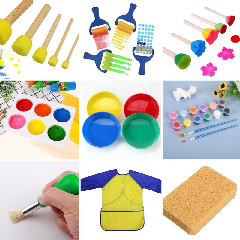 Art for kids Sensory Play อุปกรณ์ศิลปะสำหรับเด็ก พู่กัน แปรงฟองน้ำ จานสี ชุดกันเปื้อน(พร้อมส่ง🇹🇭) montessori