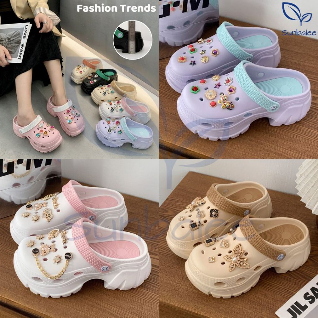 SUNBALEE 💞 H509 รองเท้าหัวโต ส้นสูง แถมตัวติดน่ารัก แตะแบบสวม สีพาสเทลทูโทน รองเท้ารัดส้น สินค้าพร้อมส่ง