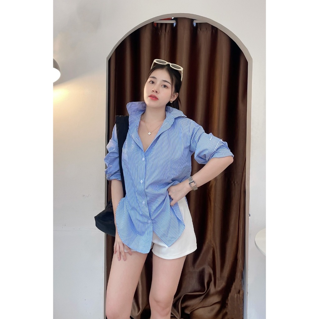 099 เสื้อเชิ้ตลายริ้ว ดีเทลแต่งกระดุม หน้า-หลัง งานฟรีไซต์