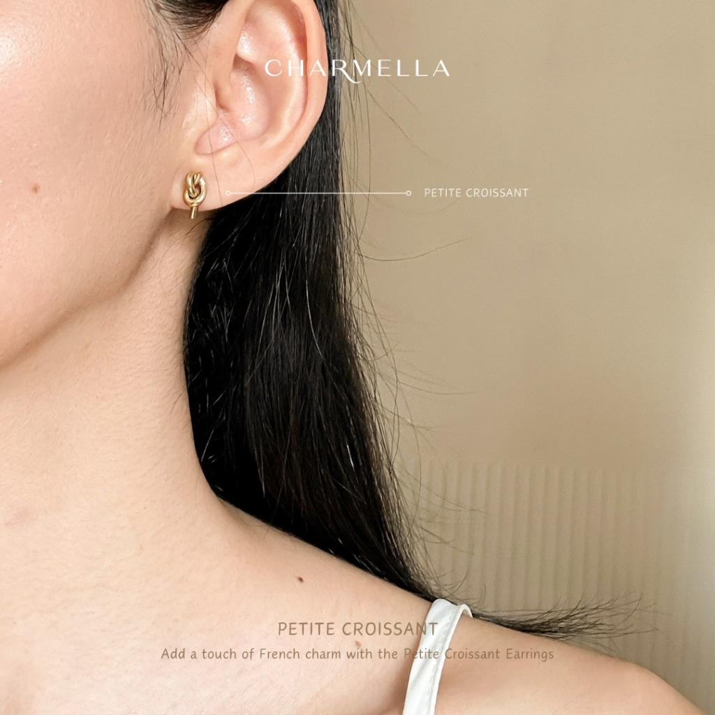 Charmella ต่างหูมินิมอล สีทองแบบเสียบ สไตล์วินเทจ สีทอง - Petite Croissant