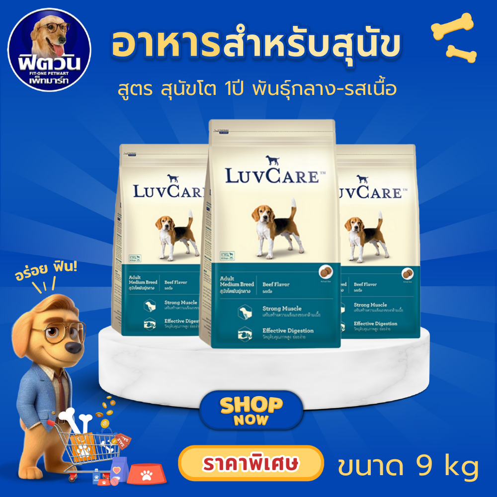 LuvCare Adult Medium Breed อาหารเม็ด สำหรับสุนัขโตพันธุ์กลาง ขนาด 9 กิโลกรัม รสเนื้อ{อาหารสุนัขเม็ด}