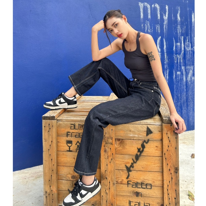 Nammon Jeans MM5 กางเกงยีนส์ขากระบอกตรงมิดไนท์-ผ้ายืด