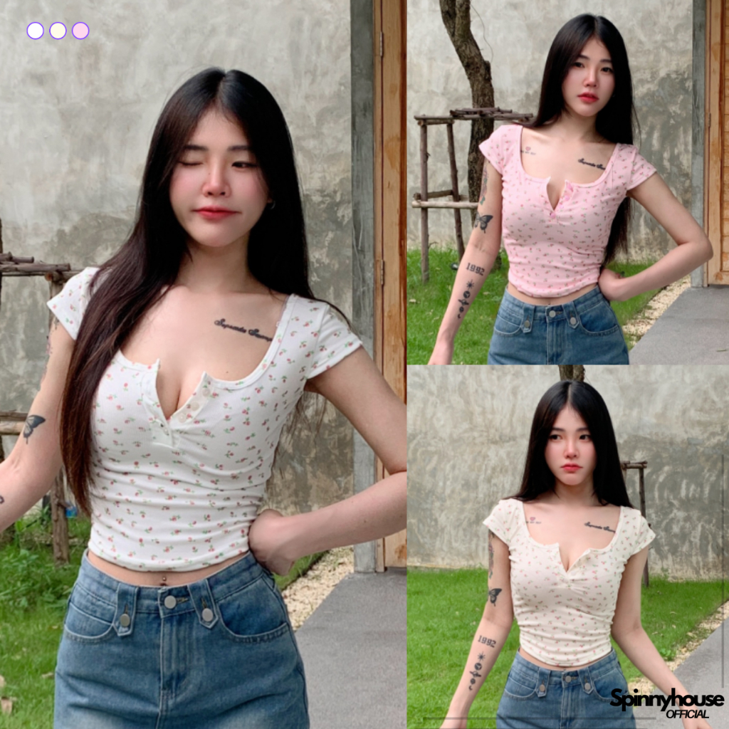 🌈SpinnyHouse🌈เสื้อครอปรัดรูป ผ้ายืดใส่ง่าย ลายดอกไม้ 😋 กระดุมใช้งานได้ รุ่น ส้มเช้ง B-008-2-A