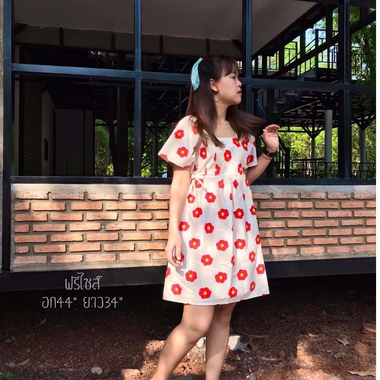 เดรสสไตล์เกาหลี ผ้าฝ้ายพิมพ์ลาย ใส่คลุมท้องได้