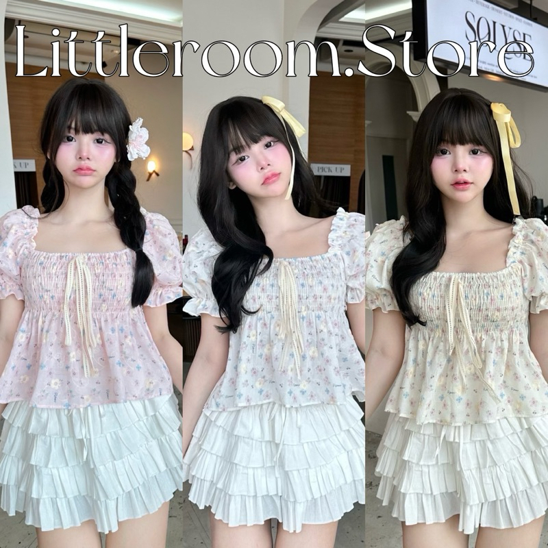 Nusa เสื้อแขนตุ๊กตา แต่งระบายๆผ้าปักพิมพ์ลายดอกไม้ ผู้หญิง Women