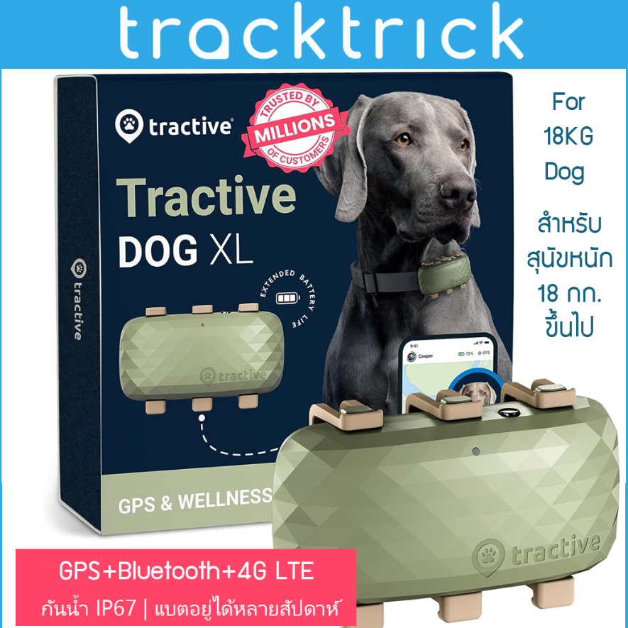 TrackTrick - Tractive DOG XL - GPS Dog Tracker ปลอกคอ GPS ไม่จำกัดระยะ สำหรับสุนัขขนาดใหญ่ GPS หมา