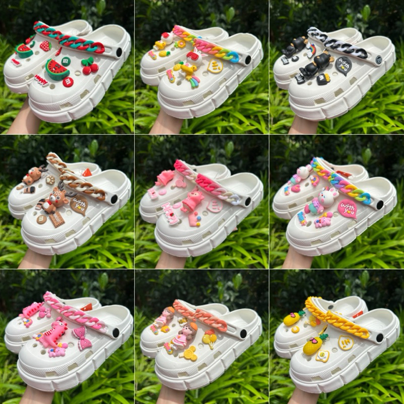 💦พร้อมส่ง💦รองเท้าหัวโต ทรงรถถัง ติดตัวการ์ตูนน่ารักๆ พื้นสูง 4 ซม.