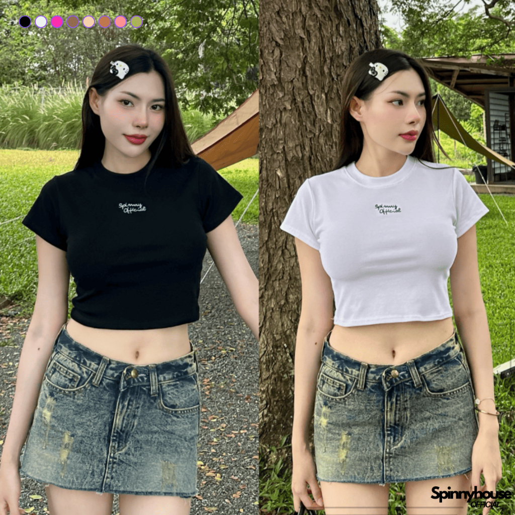 🌈SpinnyHouse🌈เสื้อครอปBABYTEE คอกลมแขนสั้น ผ้ายูนิโค่ 💥 ปักโลโก้น่ารัก รุ่น ครอปAngel B-008-4-A