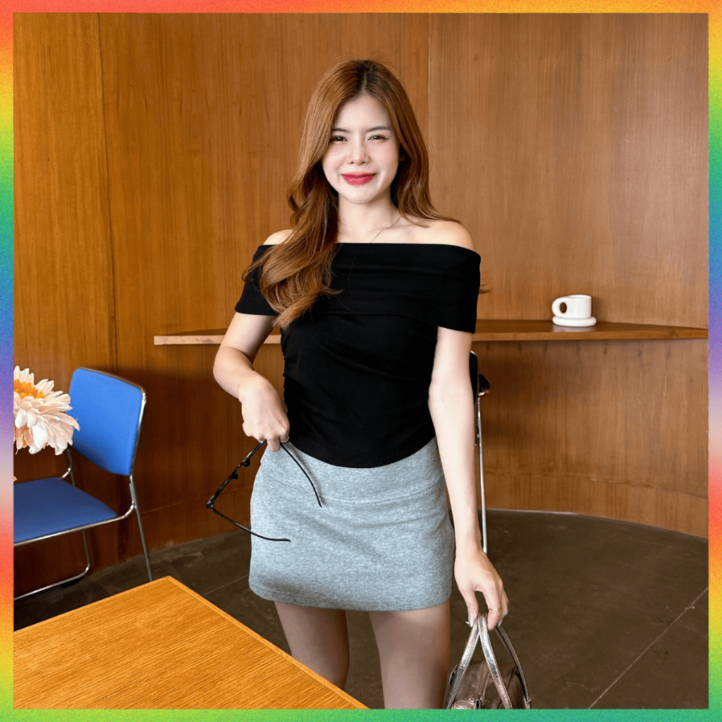 🌈MesubShop🌈เสื้อปาดไหล่ แต่งย่นข้าง ผ้ายูนิโค่ 🔔 ใส่ออกงานได้ ทรงสวย ใส่แล้วพรางหุ่นสุด ดูผอม รุ่น หนูยิ้ม