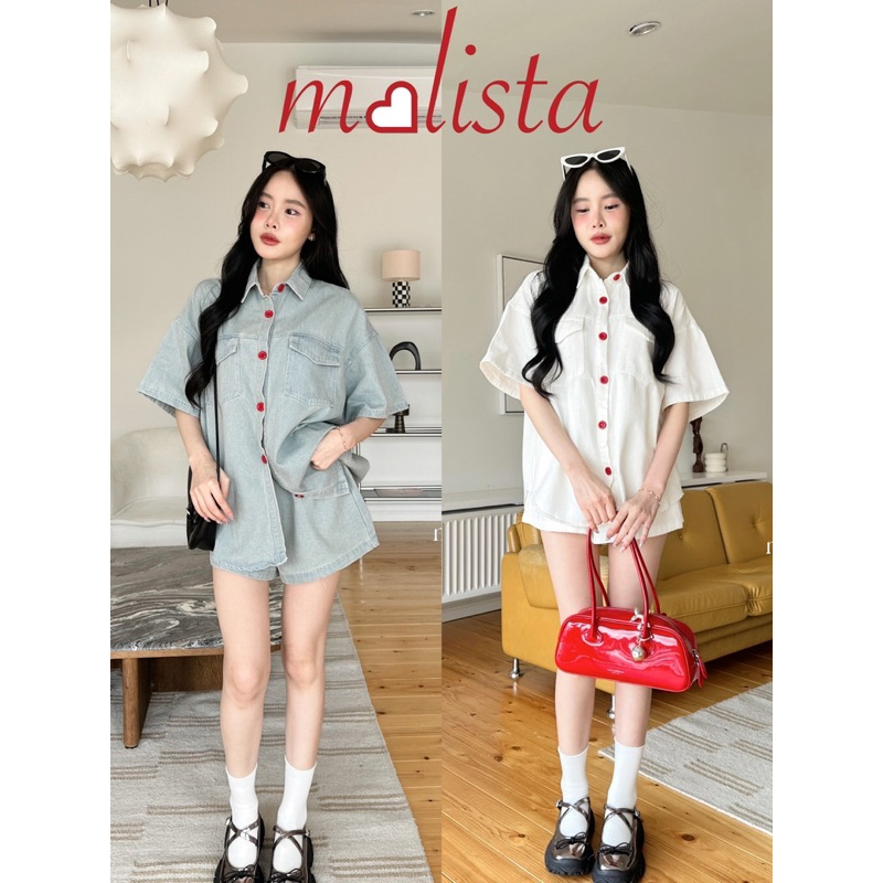 พร้อมส่ง Red buttons X Denim Set ชุดยีนส์รุ่นใหม่ แบบใหม่ เกาหลีเกาใจ เสื้อเชิ้ตแขนสั้น