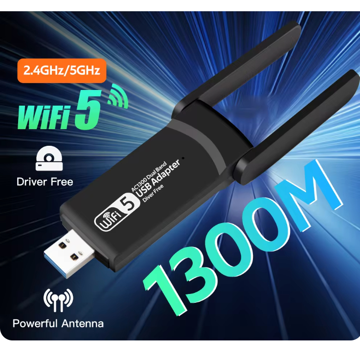 อะแดปเตอร์ USB Wi-Fi Dual Band 2.4G/5GHz 1300M Wi-Fi dongle 802.11AC เสาอากาศไร้สายที่มีประสิทธิภาพสำหรับ Win7/10/11 PC/