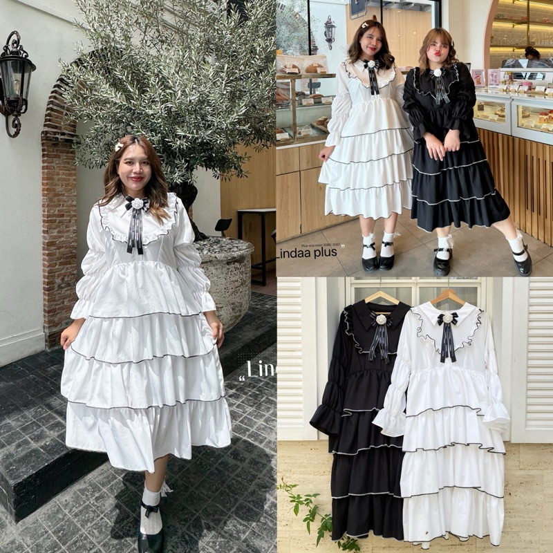 (LD) เดรสยาวแขนยาวแต่งชั้นๆมีเข็มกลัดโบว์ น่ารัก เรียบร้อย ผู้ดี เสื้อผ้าสาวอวบอ้วน พลัสไซส์ ไซส์ใหญ่