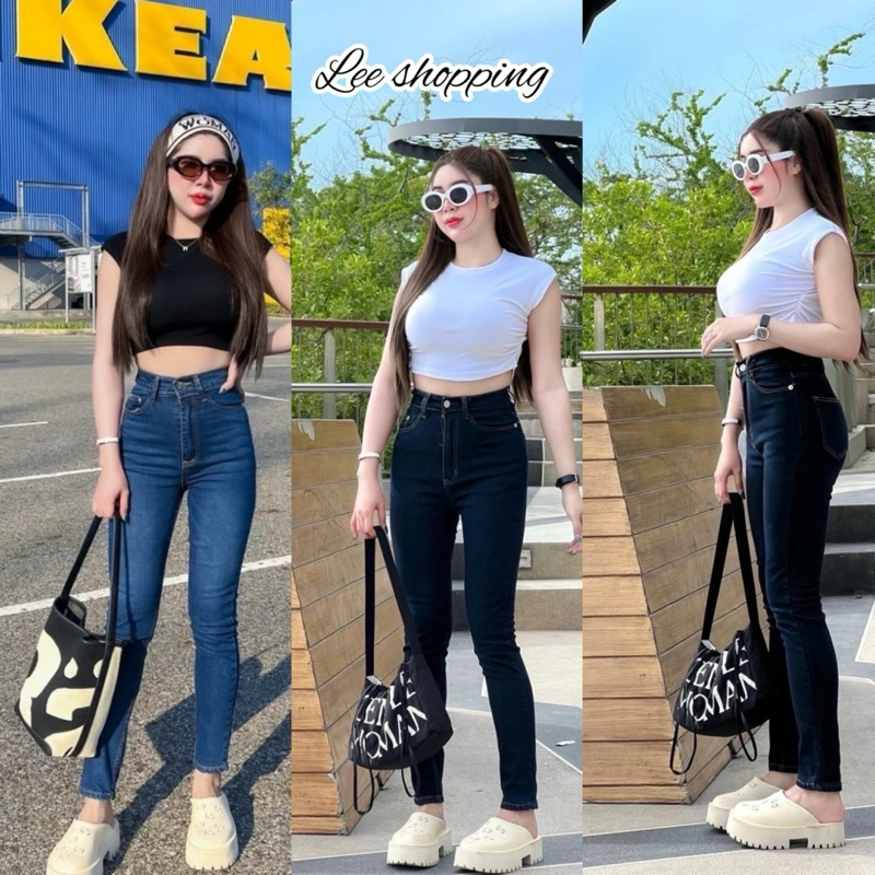 รหัส A9001 กางเกงยีนส์ทรงขาเดฟผ้ายืดเอวสูง ป้ายJasmine jeans