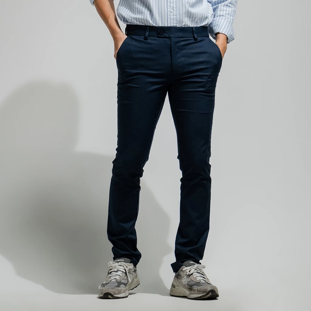 era-won กางเกงสแลคขายาว ทรง super skinny (กระบอกเล็ก) เอวยางยืด รุ่น Workday University - R สี Dark Blue