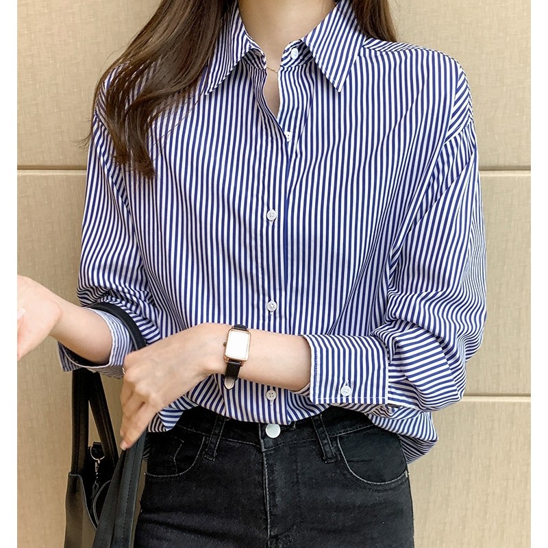 Cuties ❤️ W261❤️ เสื้อเชิ้ตแขนยาว เสื้อแฟชั่นผู้หญิงลายทาง สีฟ้า สไตล์เกาหลี
