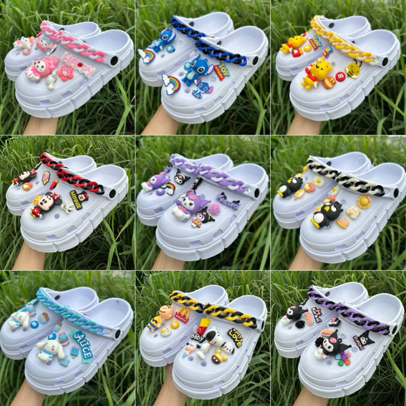 พร้อมส่ง (แนะนำเผื่อ 1 size) รองเท้าหัวโต ทรงรถถัง ติดตัวการ์ตูนน่ารักๆ พื้นสูงเสริมส้น 4 ซม. (แบบที่ 1 ถึง 10)