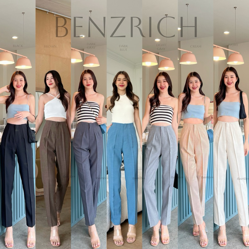 SALE โควี่ขอบในตัว 9 ส่วน ขากระบอกเล็ก เอวสูง กางเกงแฟชั่นกางเกงทำงาน