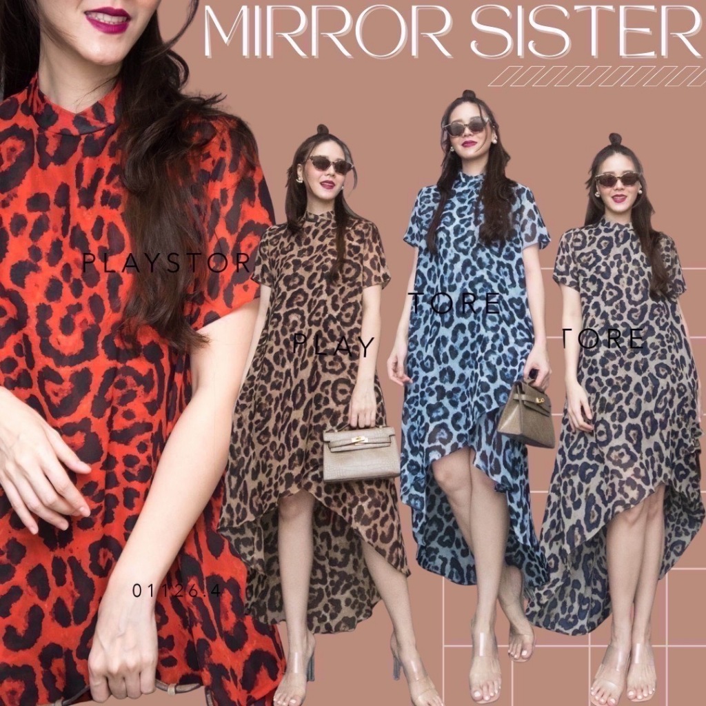Mirrorsister​ 01126.4 เดรสลายเสือแขนสั้น ด้านหลังผ้าซีทรูบางแซ่บๆ ดีเทลไขว้ช่วงหน้า ด้านหน้าสั้น ด้านหลังยาว ใส่สบาย