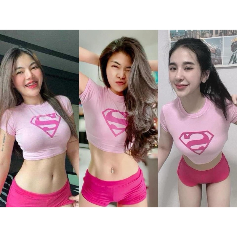 เสื้อครอปเอวลอย ชุดออกกำลังกายแฟชั่นสีสันสด เซตคู่เสื้อเอวลอยกางเกงขาสั้น