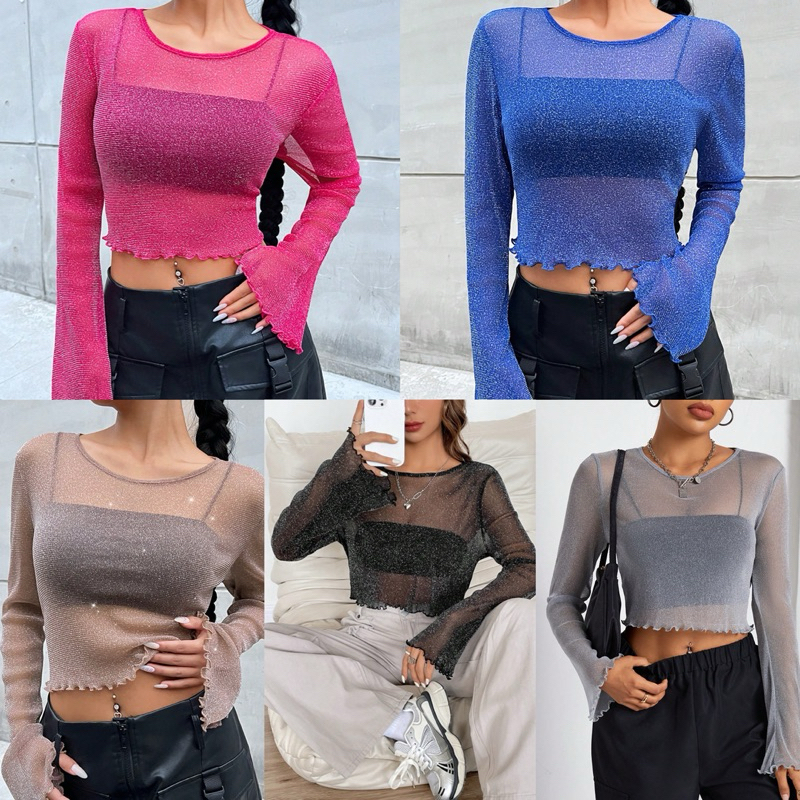 พร้อมส่ง ไซส์เล็ก เสื้อท็อปครอปแขนยาว ผ้าโปร่งตาข่าย ลายกลิตเตอร์ อก 32-36