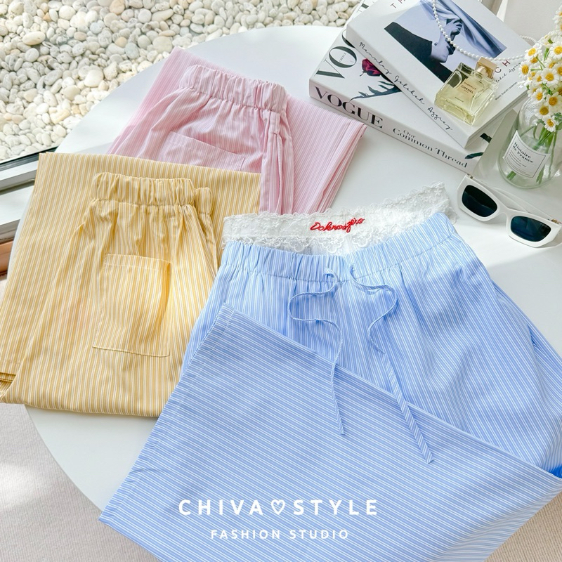 -𝐂𝐡𝐢𝐯𝐚- พร้อมส่ง‼️ Striped casual pants | กางเกงลำลองลายทาง ทรงขากระบอกใหญ่