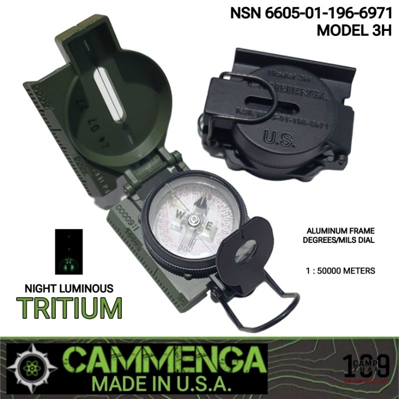 เข็มทิศทหาร CAMMENGA แท้ รุ่น Tritium Compass 3H เข็มทิศทหาร ที่สว่างกลางคืนด้วย Tritum แบบ 1:50,000 MADE IN THE U.S.A.