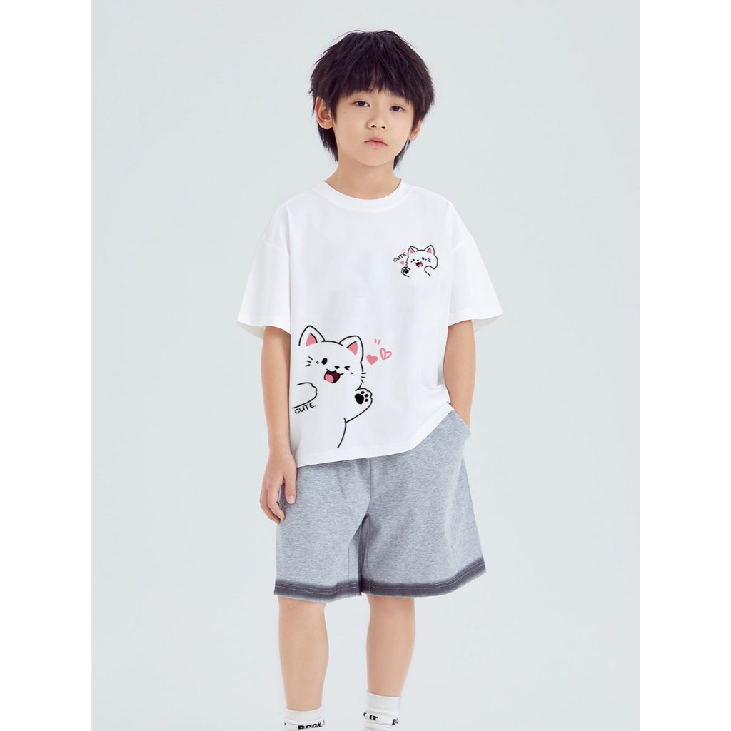 เสื้อน่ารัก เด็ก ชุดพ่อแม่ลูก  "แมวสีขาว" เสื้อยืดแขนสั้น ผ้าคอตตอน100% 90-150 หลา พร้อมส่ง