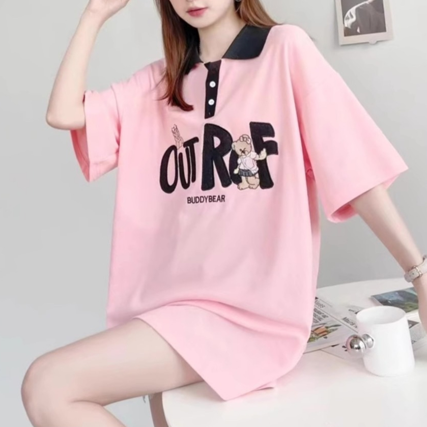 เสื้อแขนสั้นคอปกน่ารักๆ Free Size งานปัก OUT ROF กระดุมคอแกะได้ ผ้าคอตตอล พร้อมส่ง A80