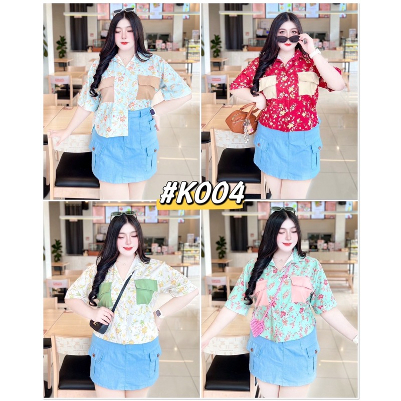 เสื้อเชิ้ตแฟชั่นผ้าลายเก๋ๆ เป็นเนื้อครัสพิมพ์ลาย แต่งดามชายทรง หน้าหลังไม่เท่ากัน สไตล์เกาหลี รอบอก 40-50 นิ้ว