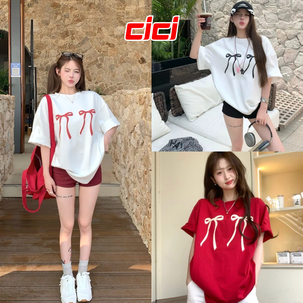ส่งทันที Cici(NO. 1290) เสื้อยืดOversize ลายโบว์สุดCute คอตตอลหนานุ่มใส่สบาย ผ้าดีม๊ากก สไตล์พส.จีน