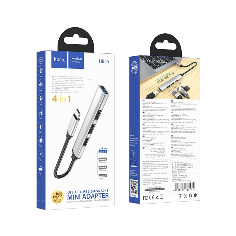 Hoco HB26 Hub USB TypeC 4in1 Adapter ฮับต่อพ่วงเพิ่มช่อง USB สำหรับโอนถ่ายข้อมูล และเชื่อมต่ออุปกรณ์เสริม