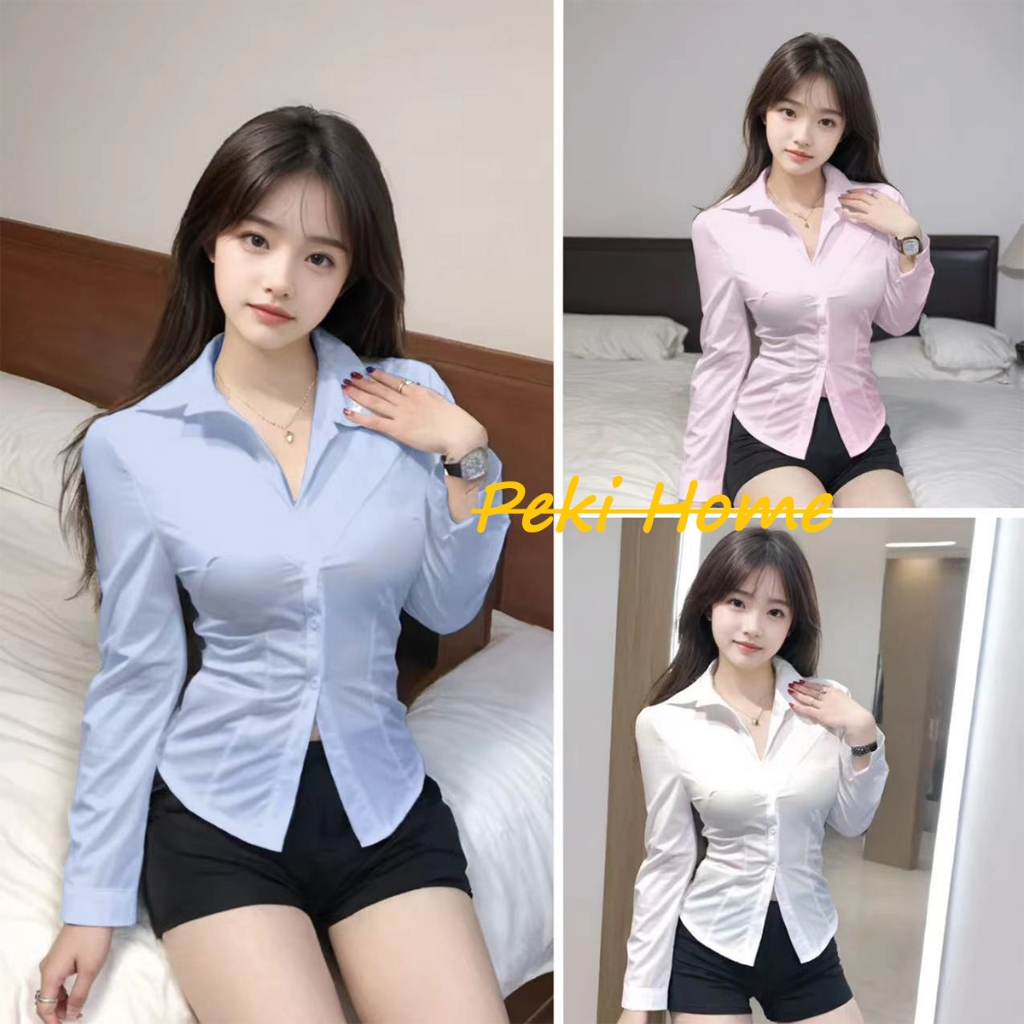 เสื้อเชิ้ตแขนยาวผู้หญิง สีพื้น ทรงสวยเข้ารูปพอดีตัว เสื้อใส่ทำงาน