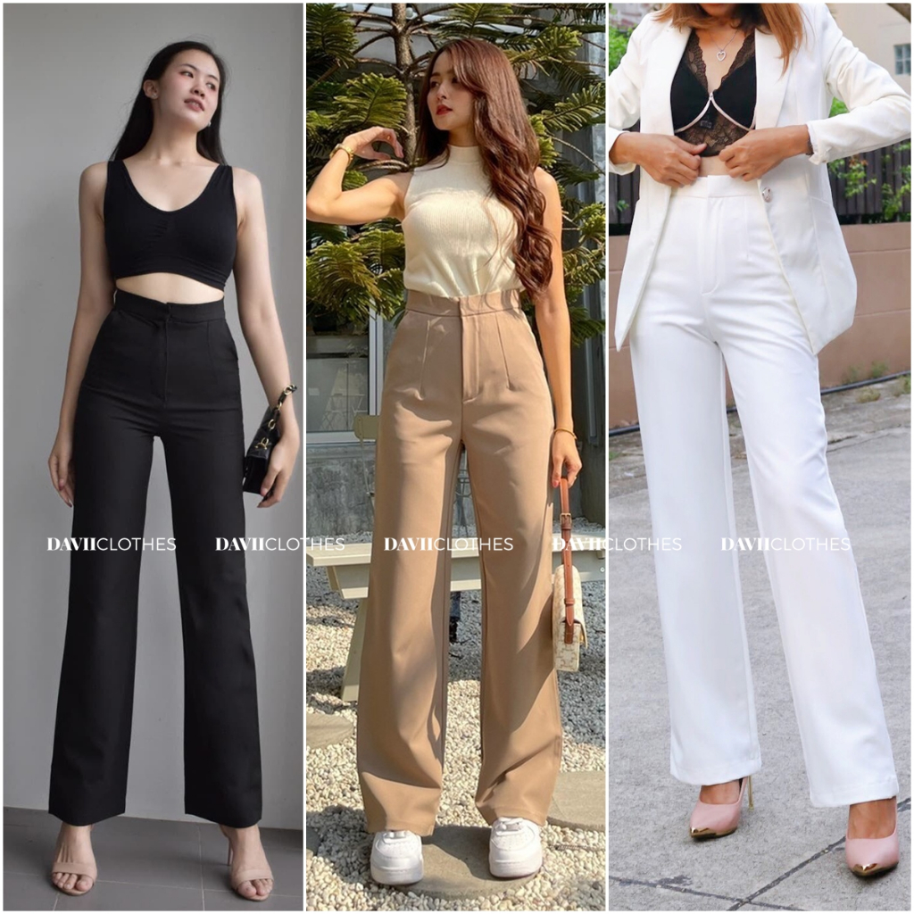Davii.G014 | กางเกงเอวสูง ทรงกระบอกกลาง ตะขอหน้า ผ้าเนื้อเนียนนุ่มใส่สบายผิว มีกระเป๋า ทรงสวยพอดีตัว ผ้าใส่สบายตัว