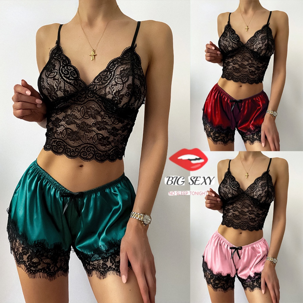 ชุดนอนกางเกงซาตินแบบ 2ชิ้นเสื้อแต่งระบาย กางเกงสั้นเอวยืดติดริบบิ้น S-061