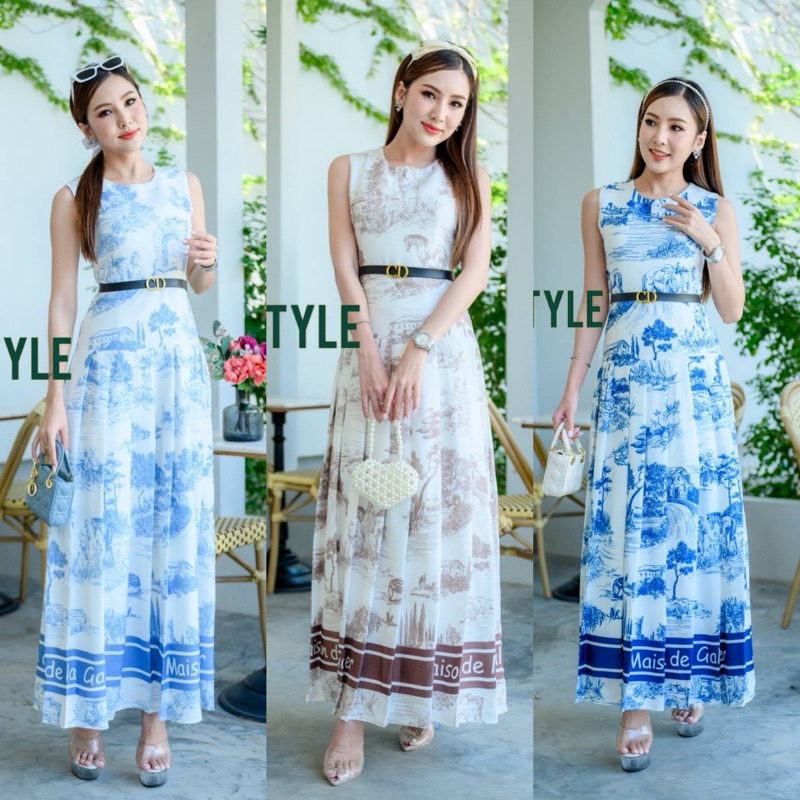 เดรสยาว อัดจีบ แถมเข็ดขัด ผ้าหนาหนัก สวยมาก งานป้าย my style