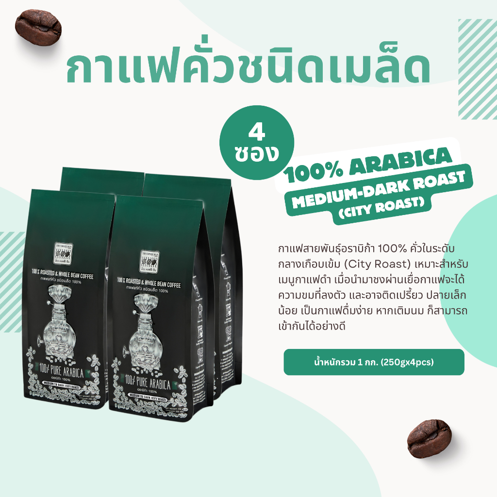 The Coffee Bean เมล็ดกาแฟคั่ว อราบิก้า 100% (คั่วกลางเกือบเข้ม) 250กรัมx4ซอง (1kg)