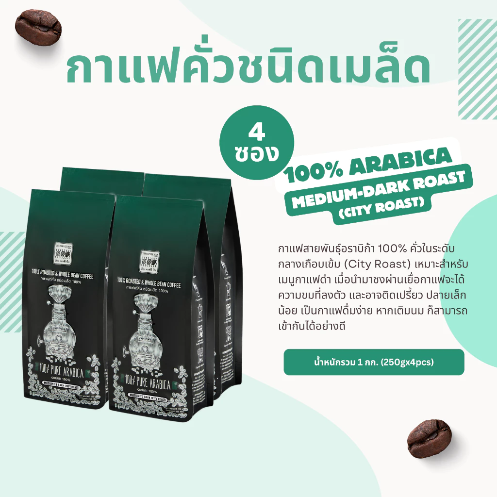 The Coffee Bean เมล็ดกาแฟคั่ว อราบิก้า 100% (คั่วกลางเกือบเข้ม) 250กรัมx4ซอง (1kg)
