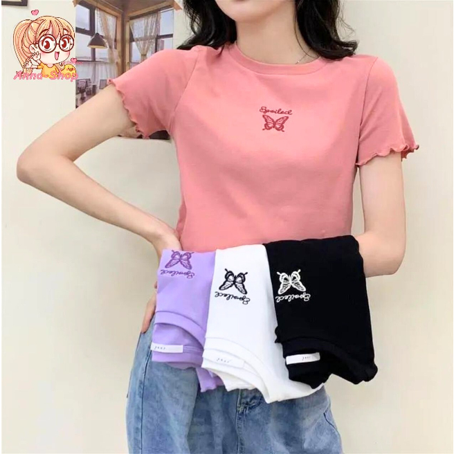Anna shop เสื้อแฟชั่นวัยรุ่น ปักลายผีเสื้อ เสื้อครอปน่ารัก แขนสั้นวินเทจ ผ้านิ่ม พร้อมส่ง TS2217