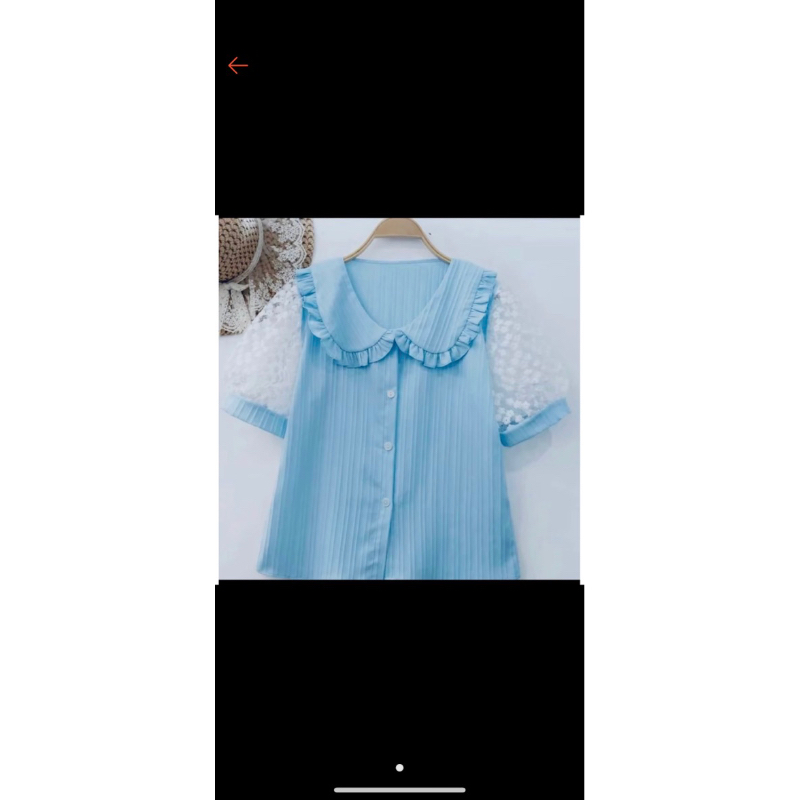 เสื้อคอบัวพื้นเเขนเเต่งลูกไม้ สีฟ้า เนื้อผ้าด้อปบี้