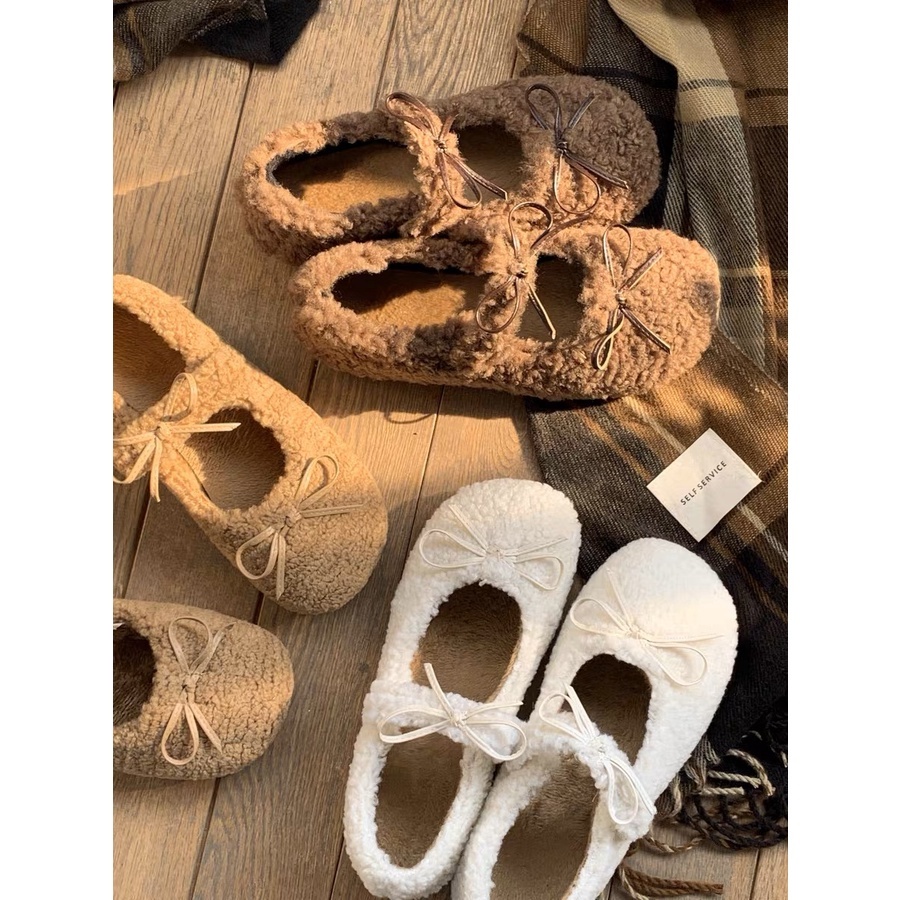 💕✨รองเท้าส้นแบน ผ้าขนแกะ ตกแต่งโบว์ ฤดูใบไม้ร่วงและฤดูหนาวรูปแบบใหม่ รองเท้าขี้เกียจ นุ่มสบาย มี 3 สี